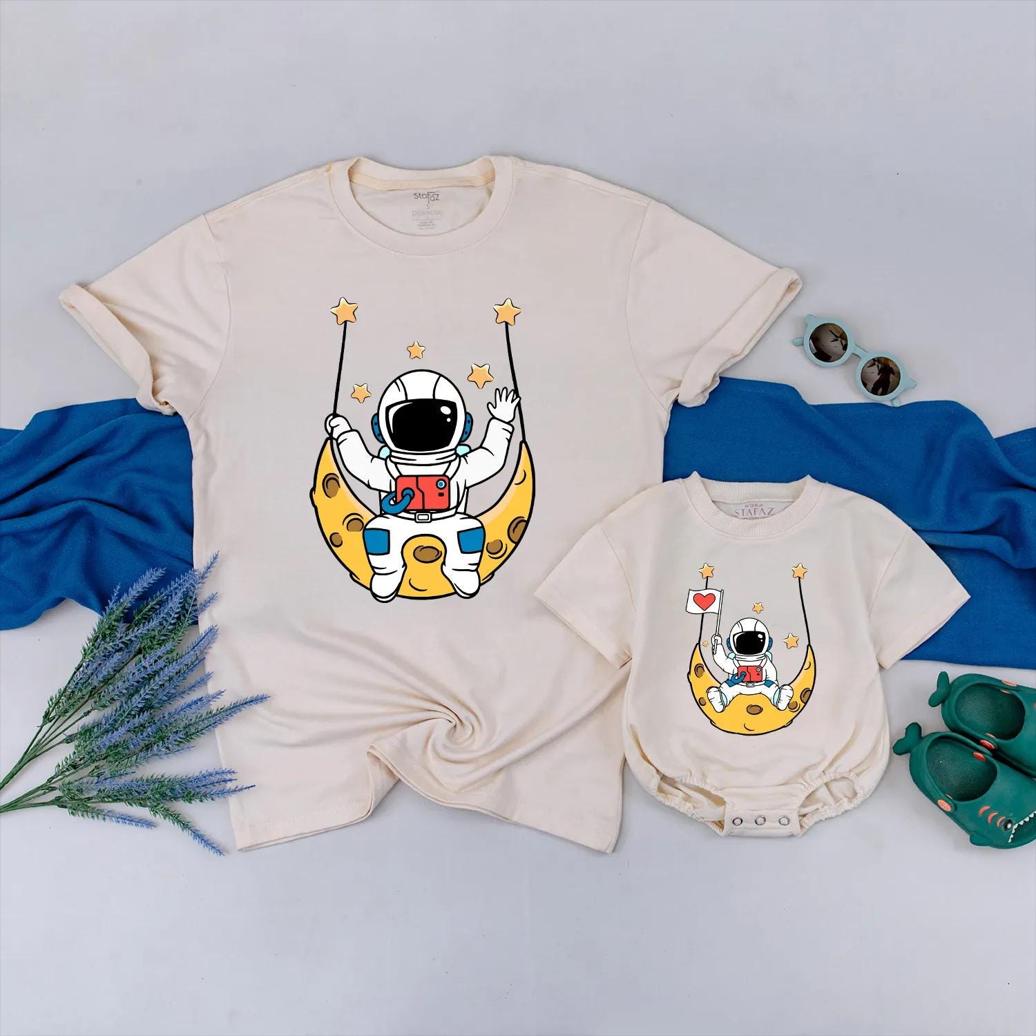 Mommy and Me Astronaut Swinging Baby Bodysuit Cute Space Adventure Kids Outfit Moon Stars Themed Soft Cotton Comfortable Apparel
