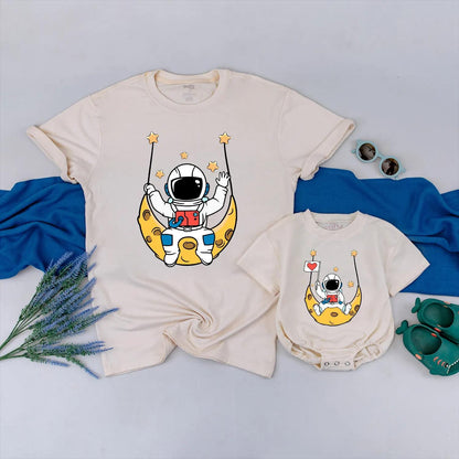 Mommy and Me Astronaut Swinging Baby Bodysuit Cute Space Adventure Kids Outfit Moon Stars Themed Soft Cotton Comfortable Apparel