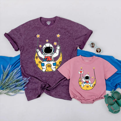 Mommy and Me Astronaut Swinging Baby Bodysuit Cute Space Adventure Kids Outfit Moon Stars Themed Soft Cotton Comfortable Apparel