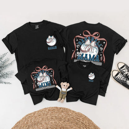 Baseball Mama & Mini Matching Shirts Retro Bow First Birthday Outfit Custom Name Red White Blue Checkered Family Tees Trendy Party Top 1st Birthday Gift
