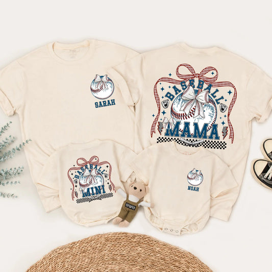 Baseball Mama & Mini Matching Shirts Retro Bow First Birthday Outfit Custom Name Red White Blue Checkered Family Tees Trendy Party Top 1st Birthday Gift