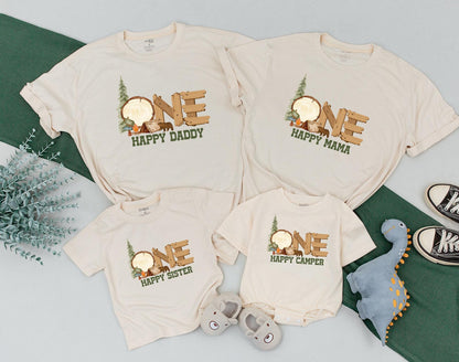 Matching Family Camping Shirts: One Happy Camper 1st Birthday Outfit, Mommy and Me, Camp Baby Romper, Boy & Girl Gifts (139 chars)