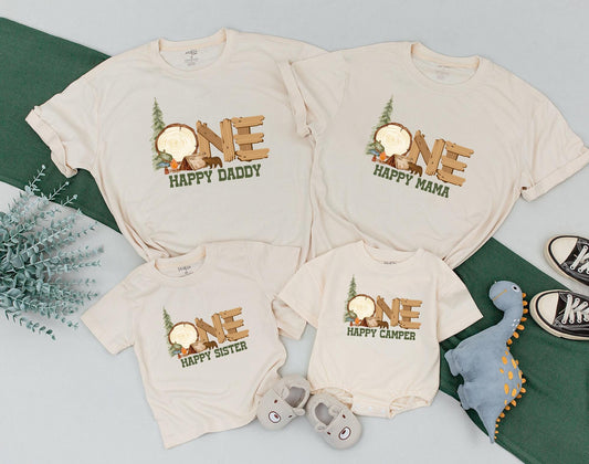Matching Family Camping Shirts: One Happy Camper 1st Birthday Outfit, Mommy and Me, Camp Baby Romper, Boy & Girl Gifts (139 chars)