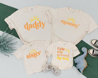 Matching First Trip Around The Sun Birthday Shirt for Family, Sunshine Baby Girl Toddler 1st Birthday Outfit, Boho Sun Summer Vacation Tee