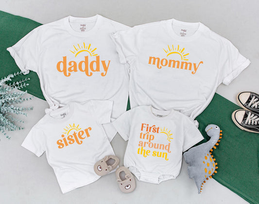 Matching First Trip Around The Sun Birthday Shirt for Family, Sunshine Baby Girl Toddler 1st Birthday Outfit, Boho Sun Summer Vacation Tee