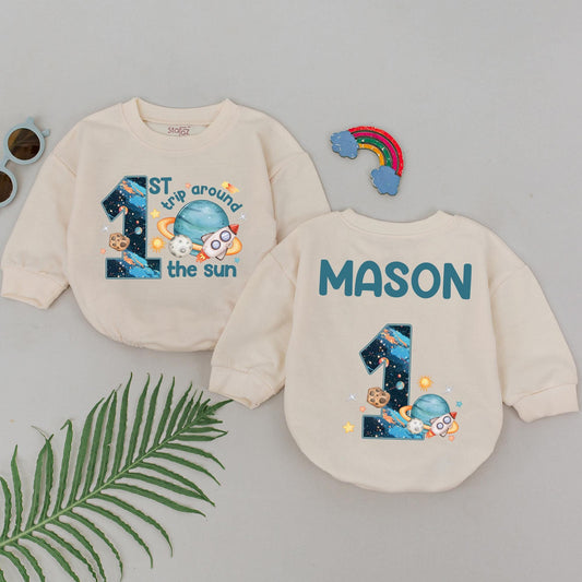 First Trip Around the Sun Romper Personalized Baby Boy Space Birthday Outfit Cute Astronaut Romper Galaxy One Year Old Gift Idea