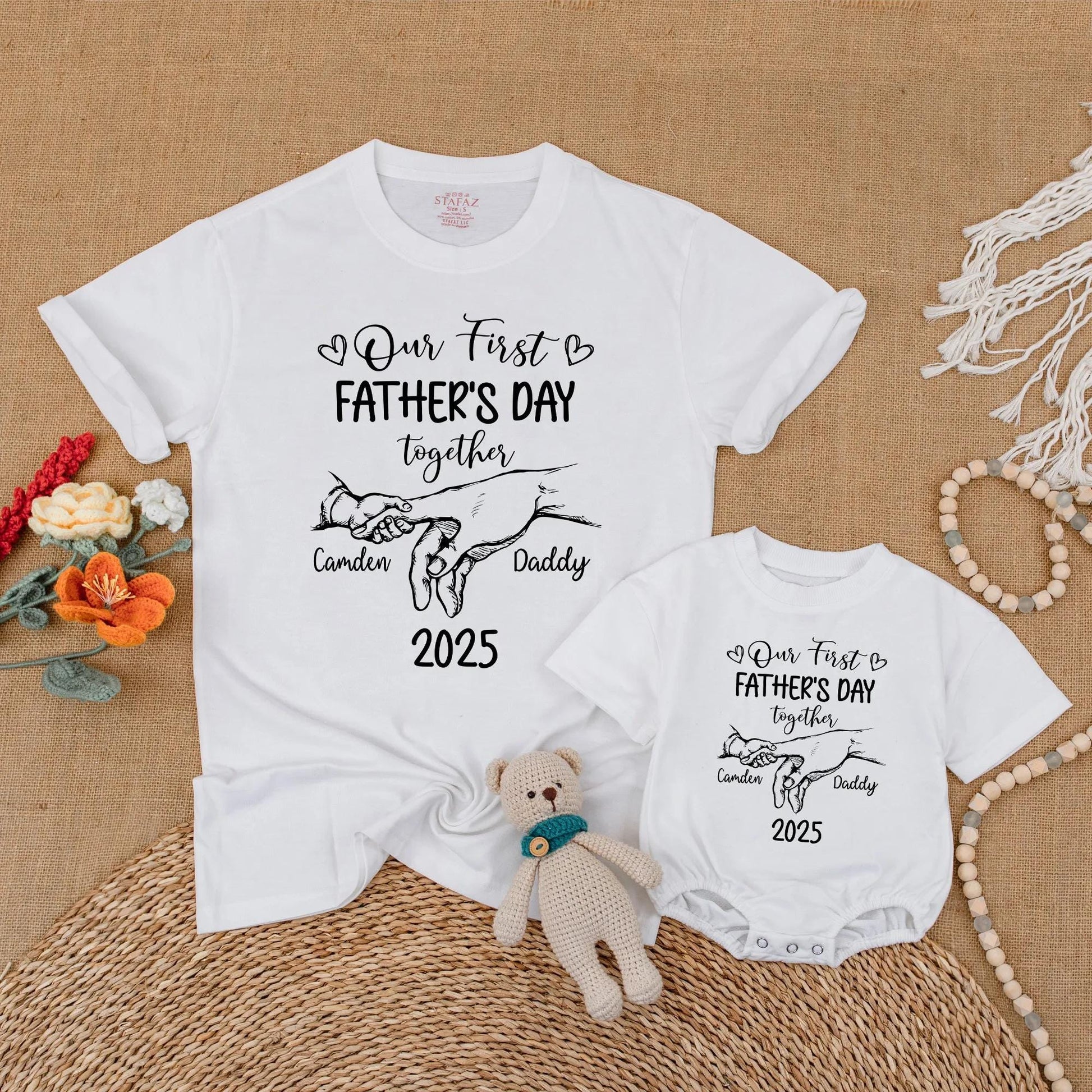 Personalized Daddy and Me First Father's Day Matching Bubble Romper and Shirt Custom Names New Dad Gift Outfit