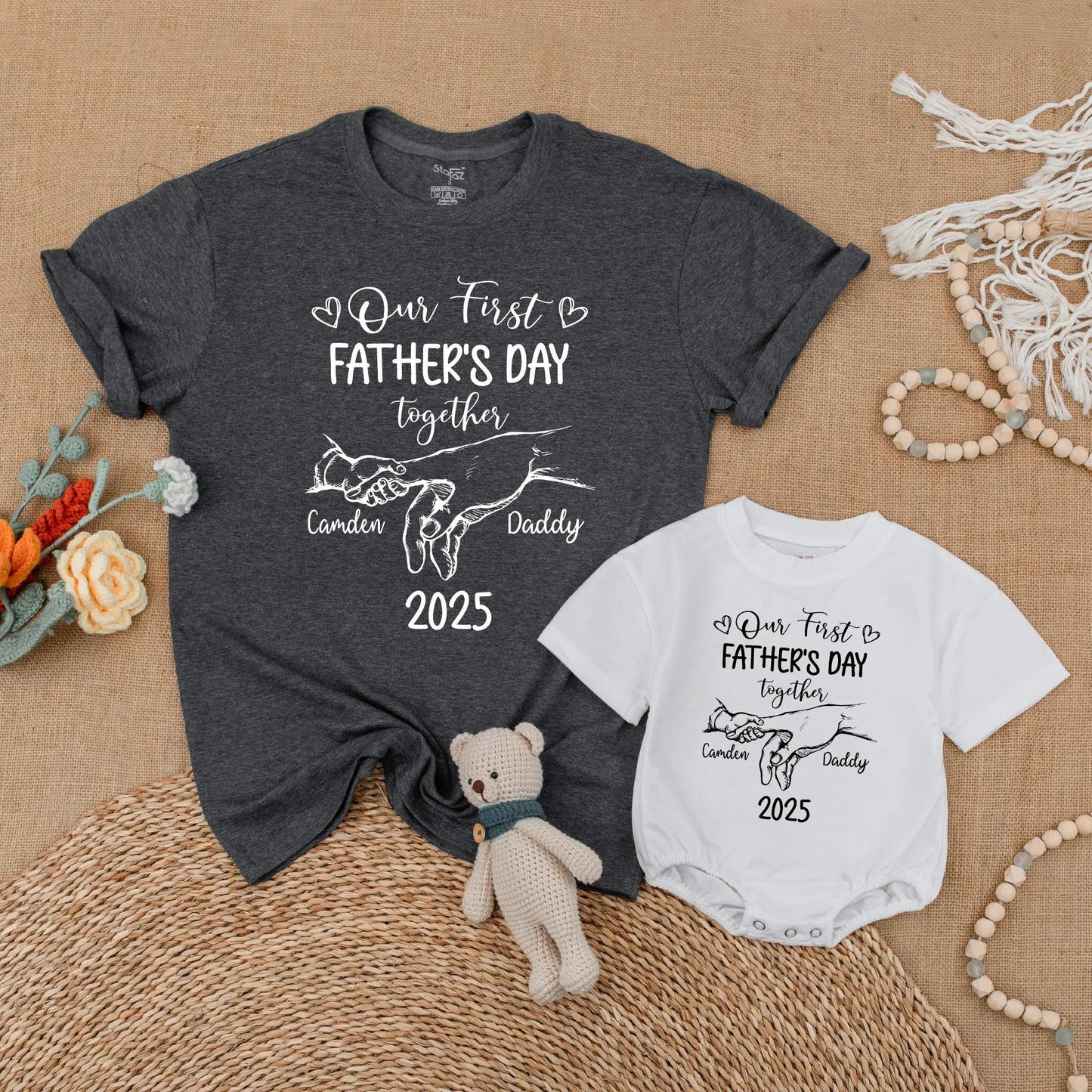 Personalized Daddy and Me First Father's Day Matching Bubble Romper and Shirt Custom Names New Dad Gift Outfit