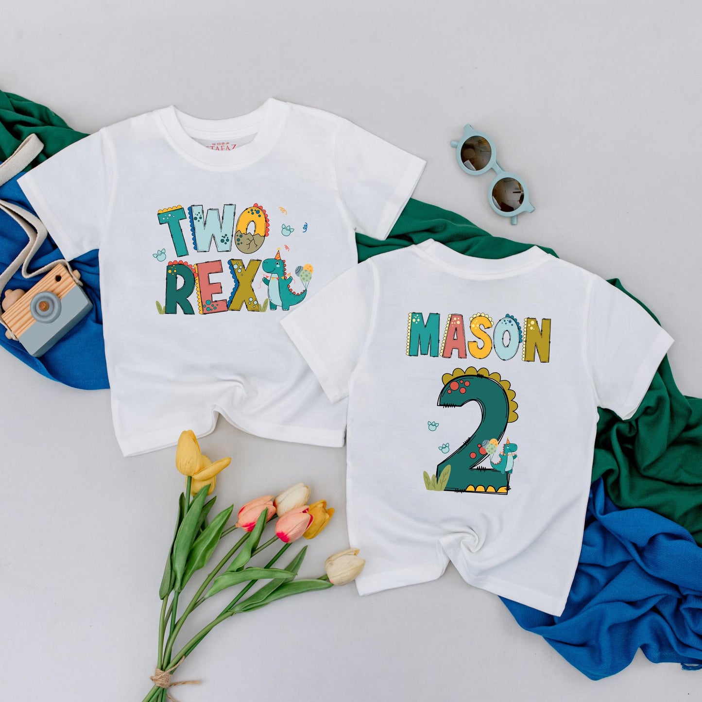 Personalized Two Rex Birthday Boy Shirt Colorful Dinosaur 2nd Birthday Toddler Outfit Whimsical Party Tee Fun Gift Idea