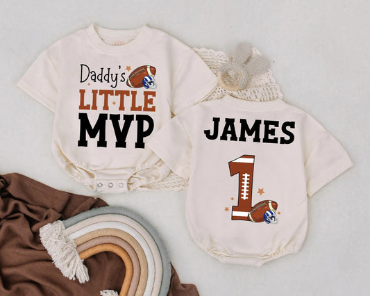 Daddy’s Little MVP Football Romper Personalized Baby Boy Jersey 1st Birthday Gift for Sports Dad Game Day Outfit