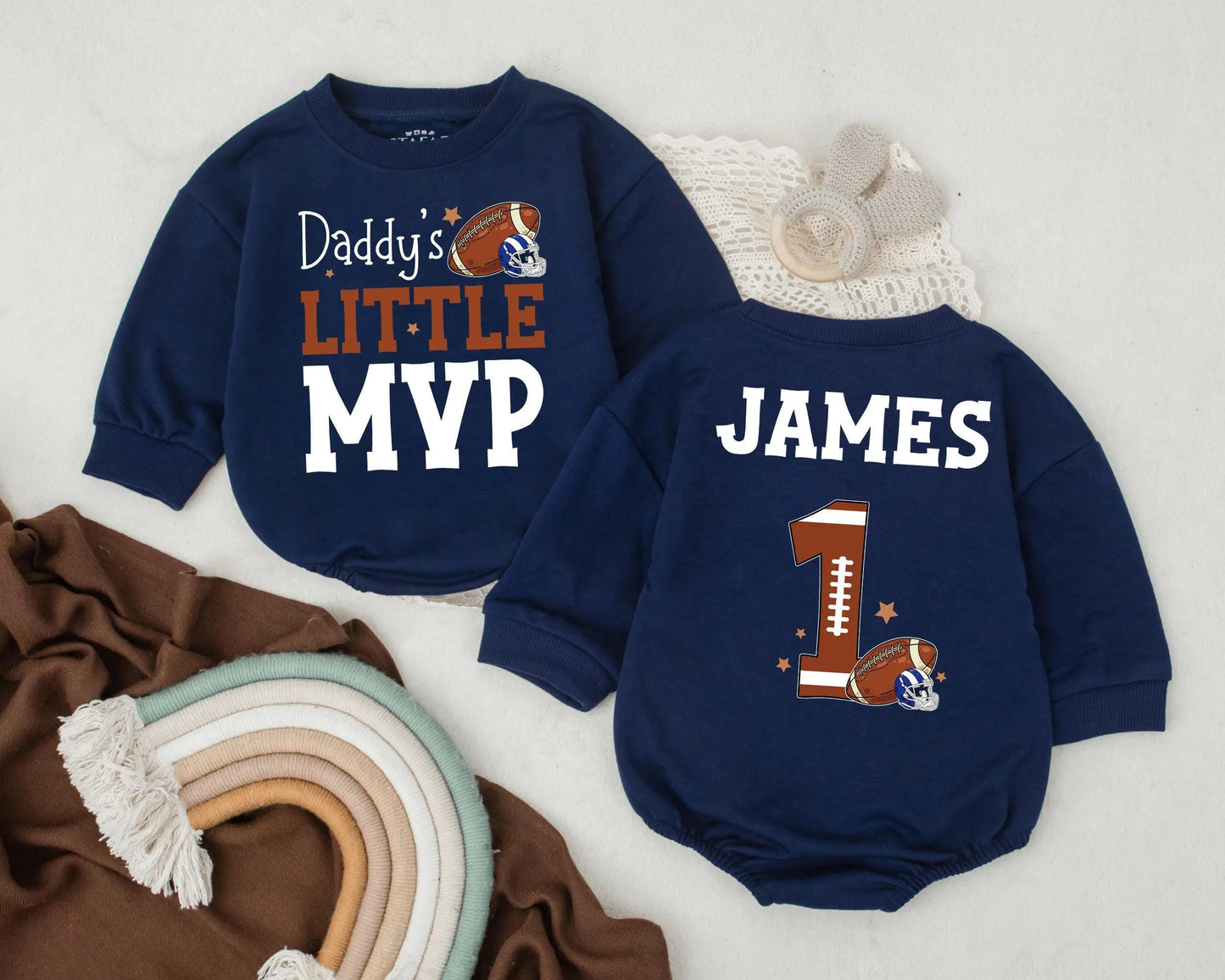 Daddy’s Little MVP Football Romper Personalized Baby Boy Jersey 1st Birthday Gift for Sports Dad Game Day Outfit