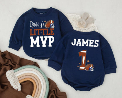 Daddy’s Little MVP Football Romper Personalized Baby Boy Jersey 1st Birthday Gift for Sports Dad Game Day Outfit