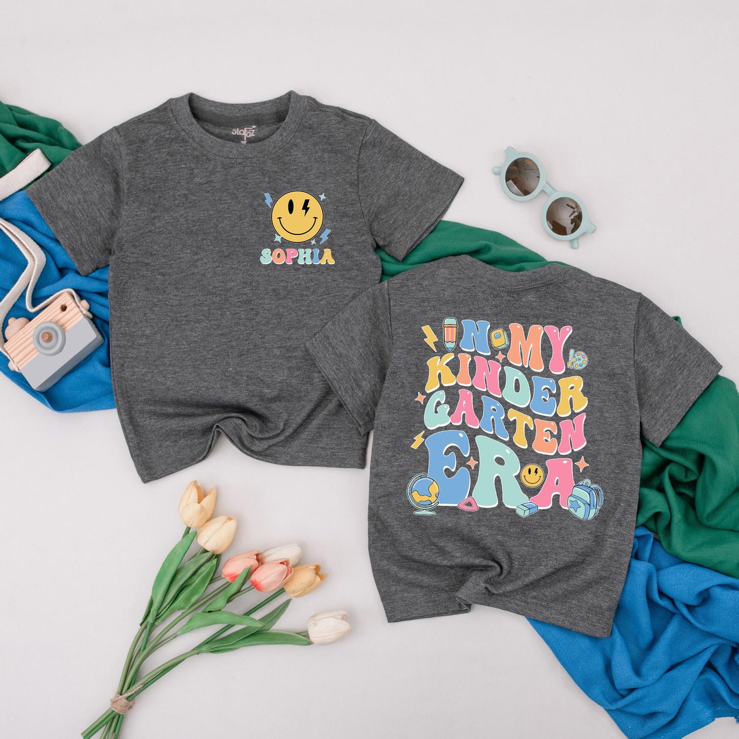Personalized Kindergarten Era Tee, Custom Name School Shirt Girl, Retro 70s Design with Sophia Lightning Bolt, First Day Outfit, Colorful Toddler Top