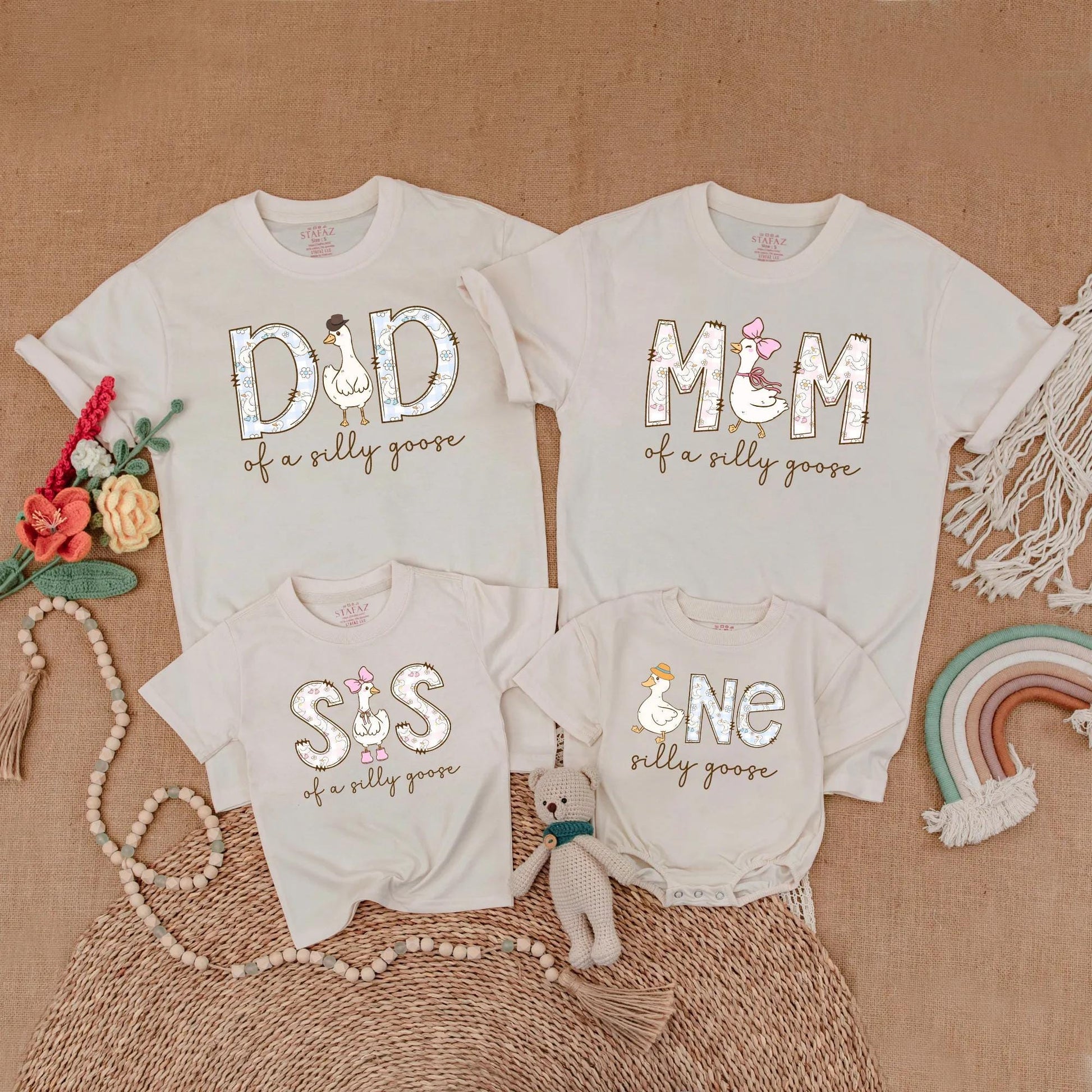 Cute Goose First Birthday Family Matching Shirts Mom Dad Girl Adorable Silly Goose Theme Outfits Light Blue Pink Cheerful Design