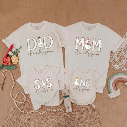 Cute Goose First Birthday Family Matching Shirts Mom Dad Girl Adorable Silly Goose Theme Outfits Light Blue Pink Cheerful Design