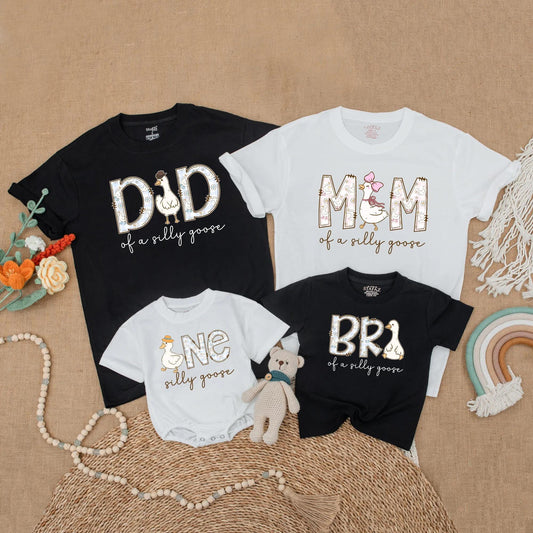 Cute Goose First Birthday Family Matching Shirts Mom Dad Girl Adorable Silly Goose Theme Outfits Light Blue Pink Cheerful Design