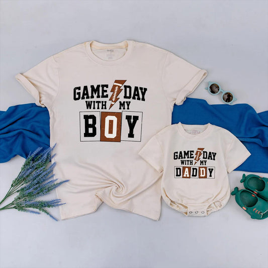 Daddy and Me Football Game Day Shirts - Matching Father Son Outfits for Sunday Fun, Adorable Baby Bodysuit & Dad T-Shirt Set - Touchdown Style!