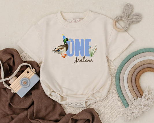 Personalized ONE Malone Mallard Duck First Birthday Romper for Baby Boy Cute Animal Themed Soft Cotton Outfit Party Celebration Gift Idea