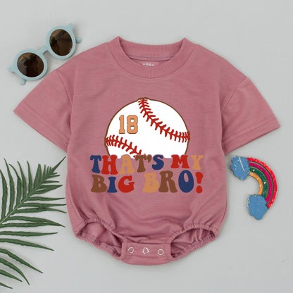 That's My Big Bro Baseball Romper - Custom Number 18 Baby Bodysuit Vintage Sports Outfit, Playful Red, Brown, Navy Infant Gift, Game Day Clothes