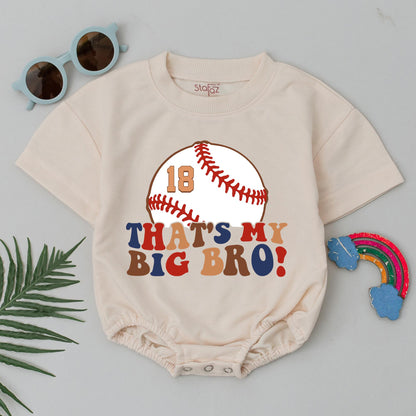 That's My Big Bro Baseball Romper - Custom Number 18 Baby Bodysuit Vintage Sports Outfit, Playful Red, Brown, Navy Infant Gift, Game Day Clothes