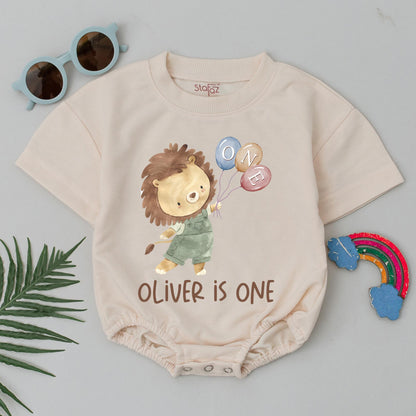 Cute Lion Cub First Birthday Romper with Blue Peach Pink Balloons 'OLIVER IS ONE' Baby Bodysuit Safari Party Outfit for Boys