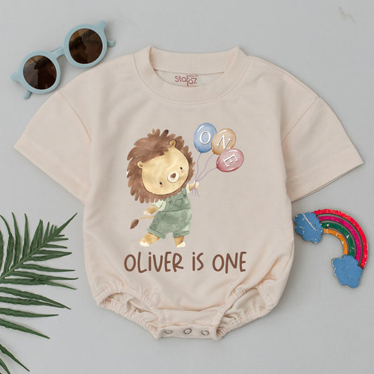 Cute Lion Cub First Birthday Romper with Blue Peach Pink Balloons 'OLIVER IS ONE' Baby Bodysuit Safari Party Outfit for Boys