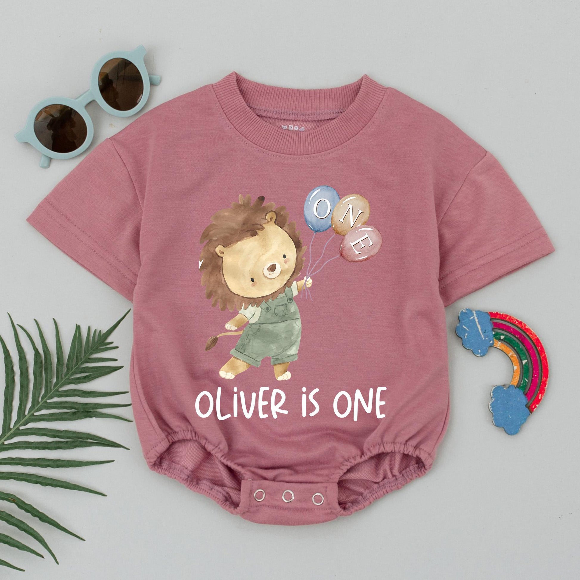 Cute Lion Cub First Birthday Romper with Blue Peach Pink Balloons 'OLIVER IS ONE' Baby Bodysuit Safari Party Outfit for Boys