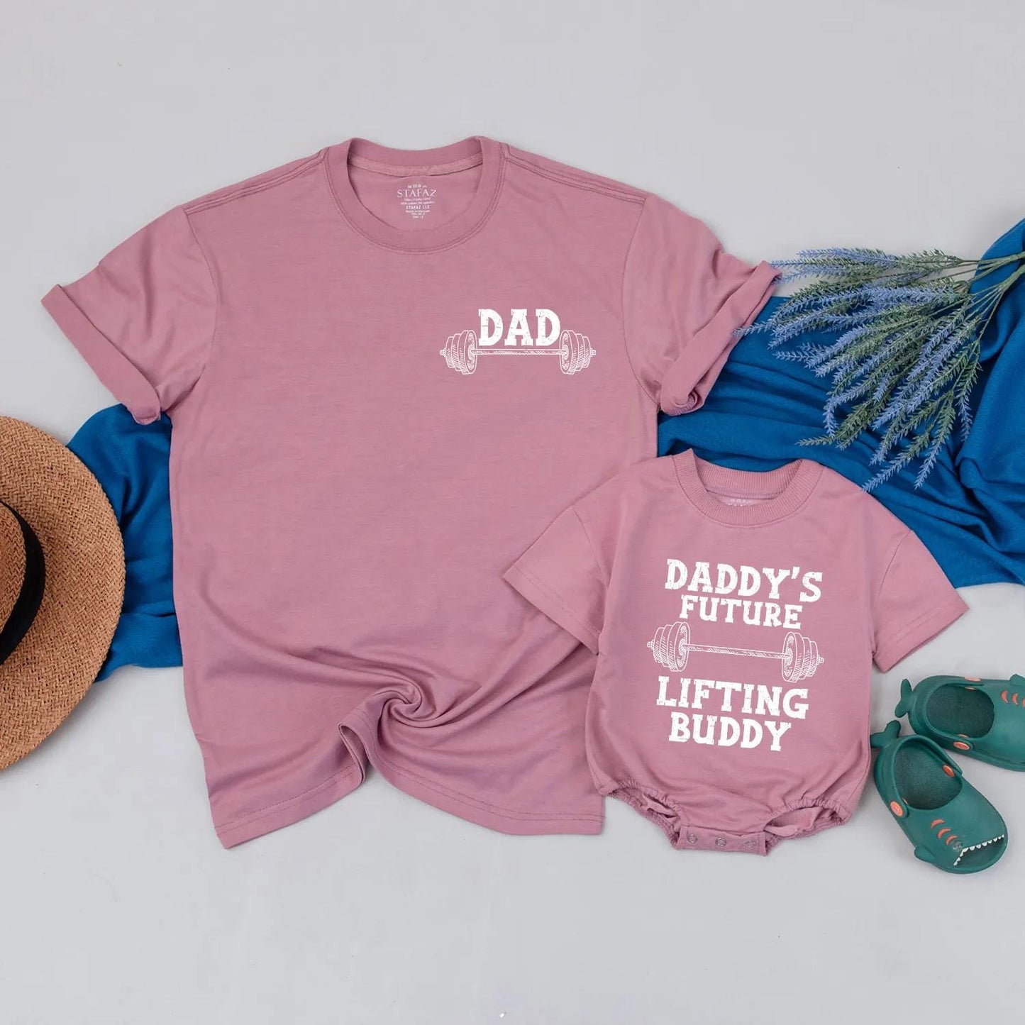 Matching Dad and Baby Lifting Buddy Shirts Father's Day Gift Gym Workout Tees for Daddy and Son Custom Weightlifting Bodysuit Barbell Graphic