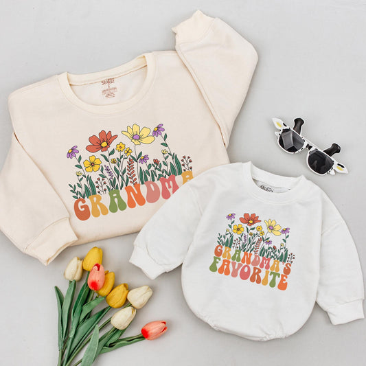 Personalized Grandma & Me Flower Sweatshirt Custom Grandchild Gift for Grammy Cozy & Unique