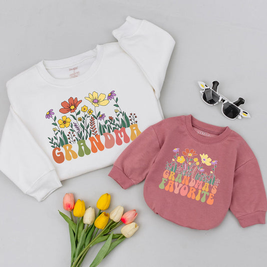 Personalized Grandma & Me Flower Sweatshirt Custom Grandchild Gift for Grammy Cozy & Unique