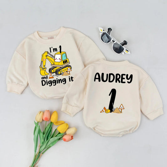 Digger Birthday Romper One Digging It Outfit Custom Name Gift Boy Toddler Excavator Clothes 1st Birthday