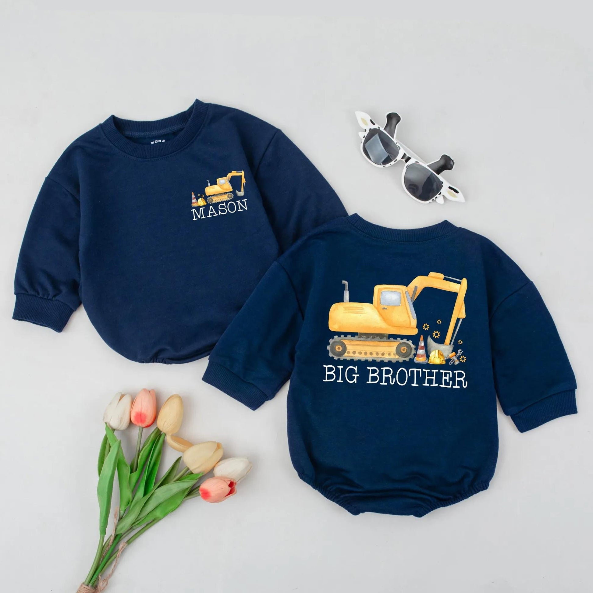 Custom Big Brother Excavator Romper Sweet Baby Boy Digger Outfit Toddler Excavator Sibling Gift Idea Yellow Construction Bubble