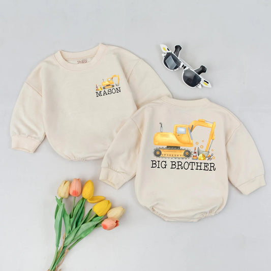 Custom Big Brother Excavator Romper Sweet Baby Boy Digger Outfit Toddler Excavator Sibling Gift Idea Yellow Construction Bubble