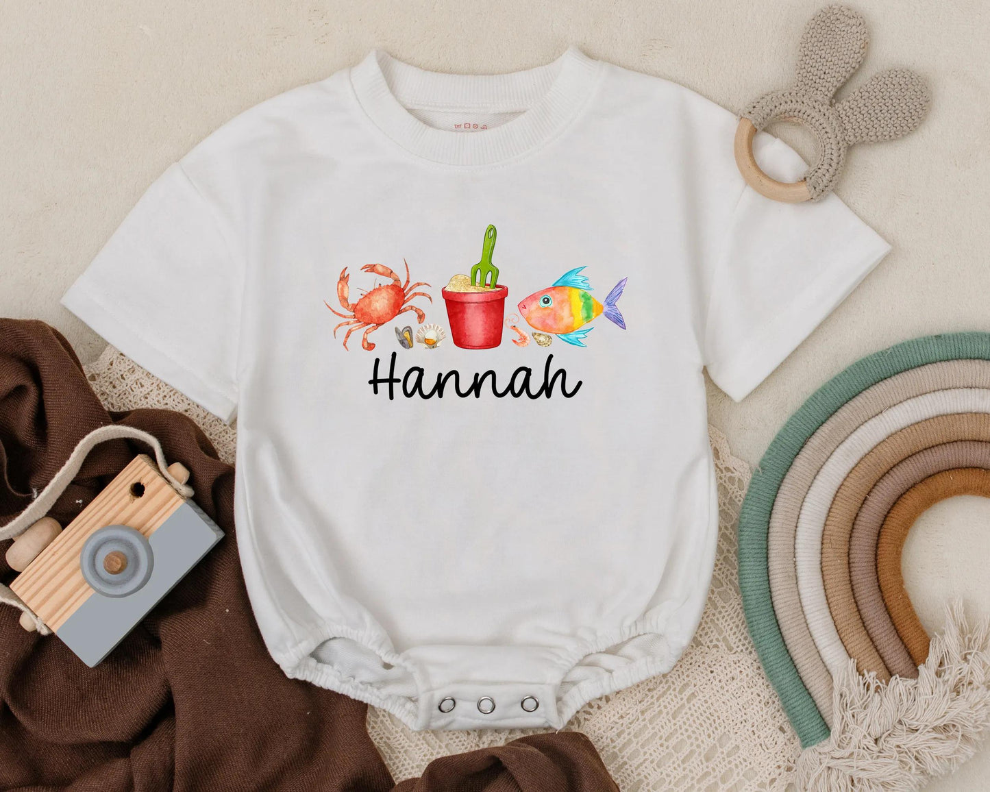 Personalized Crab & Fish Beach Bubble Romper for Baby Girl Summer Vacation Outfit Ocean Theme Custom Name Beachwear