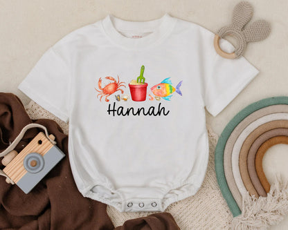 Personalized Crab & Fish Beach Bubble Romper for Baby Girl Summer Vacation Outfit Ocean Theme Custom Name Beachwear