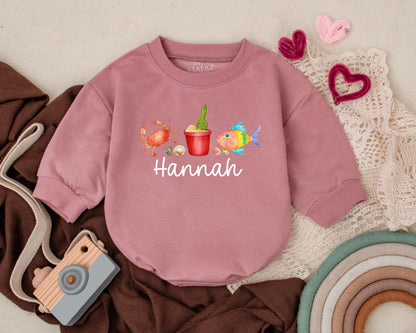 Personalized Crab & Fish Beach Bubble Romper for Baby Girl Summer Vacation Outfit Ocean Theme Custom Name Beachwear