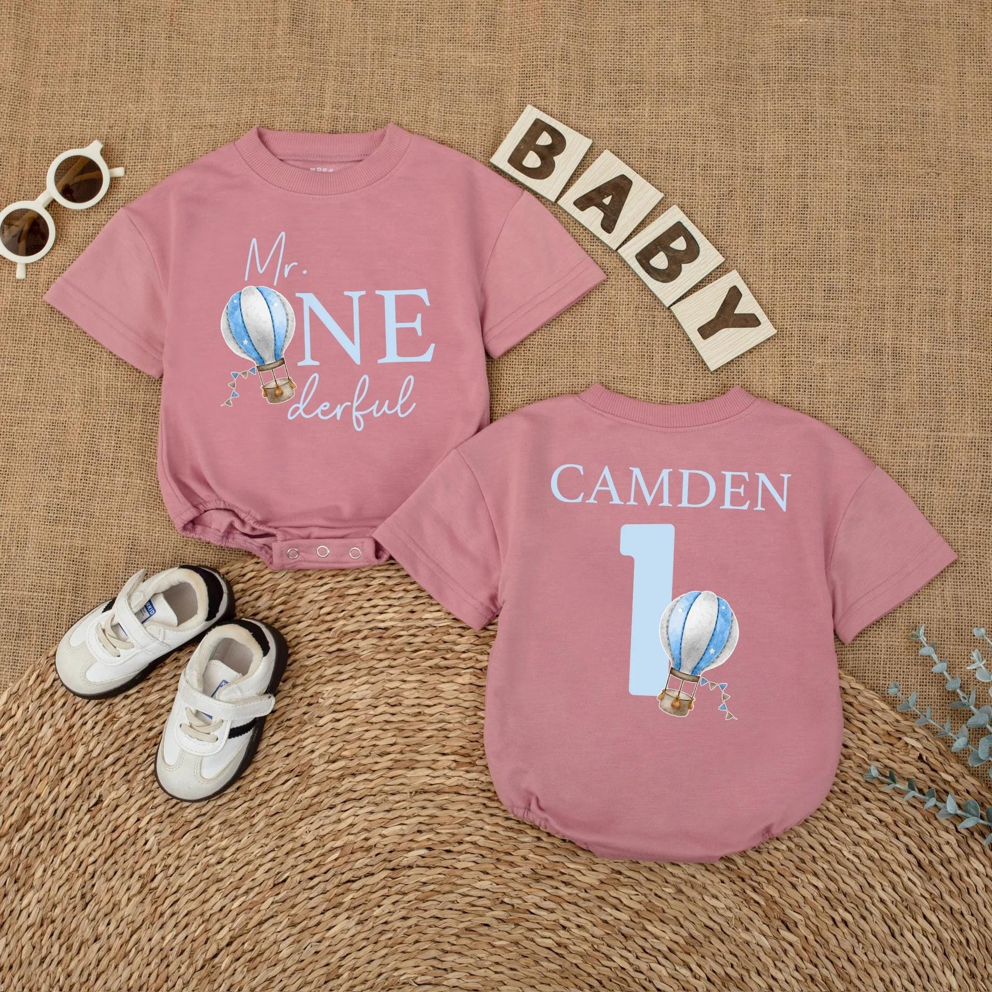 Mr Onederful Hot Air Balloon Romper Custom First Birthday Boy Outfit Newborn Bubble Bodysuit One Year Old Gift