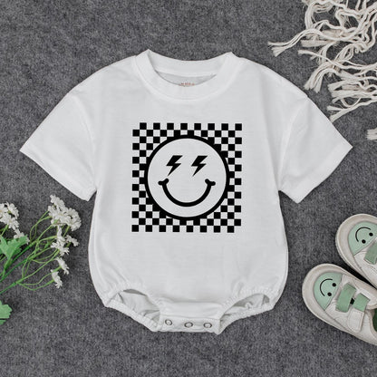 Retro Smiley Baby Romper Checkered Fun! Grandbaby Bodysuit Vintage Newborn Bubble Romper Announcement Gift Lightning Bolt Eyes Playful 1960s Style