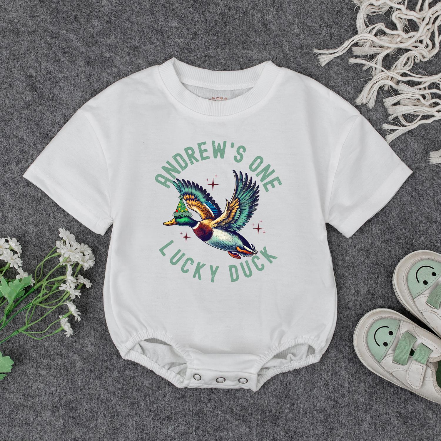 One Lucky Duck Birthday Romper for Baby Boy or Girl | Mallard Duck Bodysuit & Duckling Outfit, Fun Animal Birthday Gift