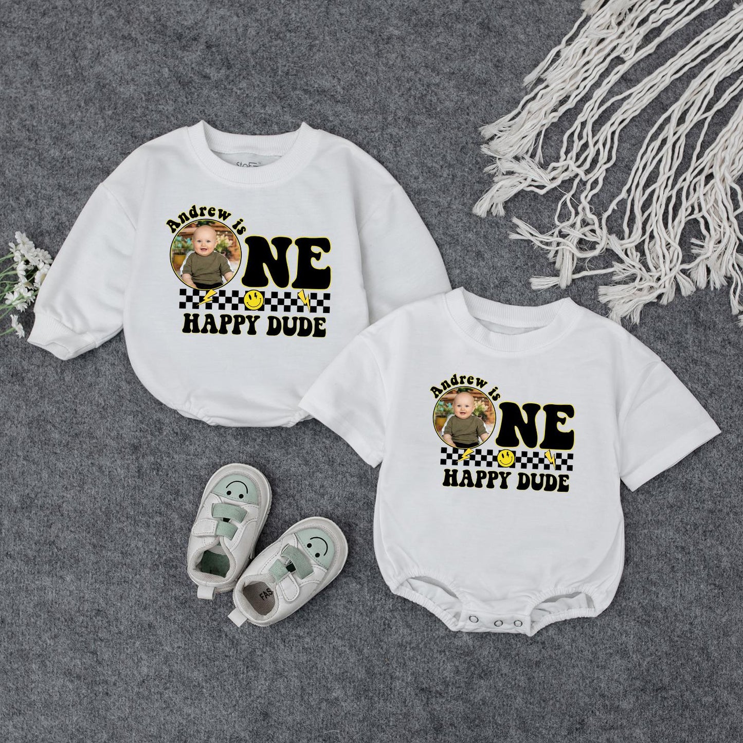 Andrew is ONE HAPPY DUDE First Birthday Romper Custom Photo Checkered Smile Face Baby Outfit Playful Celebration Personalized Birthday Gift Cute Clothes (139 chars)