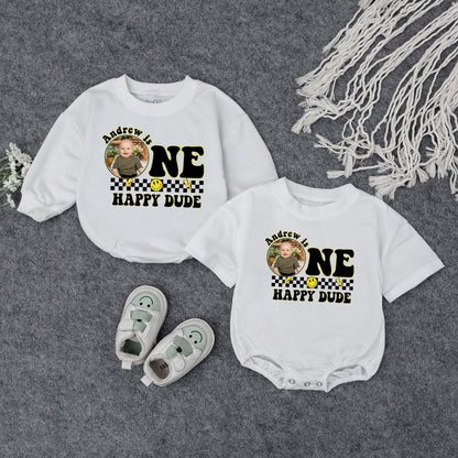 Andrew is ONE HAPPY DUDE First Birthday Romper Custom Photo Checkered Smile Face Baby Outfit Playful Celebration Personalized Birthday Gift Cute Clothes (139 chars)
