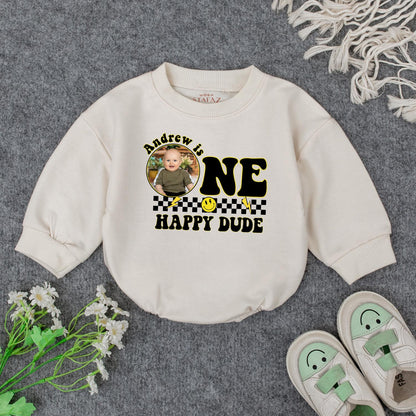 Andrew is ONE HAPPY DUDE First Birthday Romper Custom Photo Checkered Smile Face Baby Outfit Playful Celebration Personalized Birthday Gift Cute Clothes (139 chars)