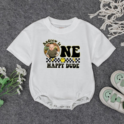 Andrew is ONE HAPPY DUDE First Birthday Romper Custom Photo Checkered Smile Face Baby Outfit Playful Celebration Personalized Birthday Gift Cute Clothes (139 chars)