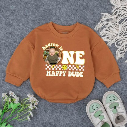 Andrew is ONE HAPPY DUDE First Birthday Romper Custom Photo Checkered Smile Face Baby Outfit Playful Celebration Personalized Birthday Gift Cute Clothes (139 chars)