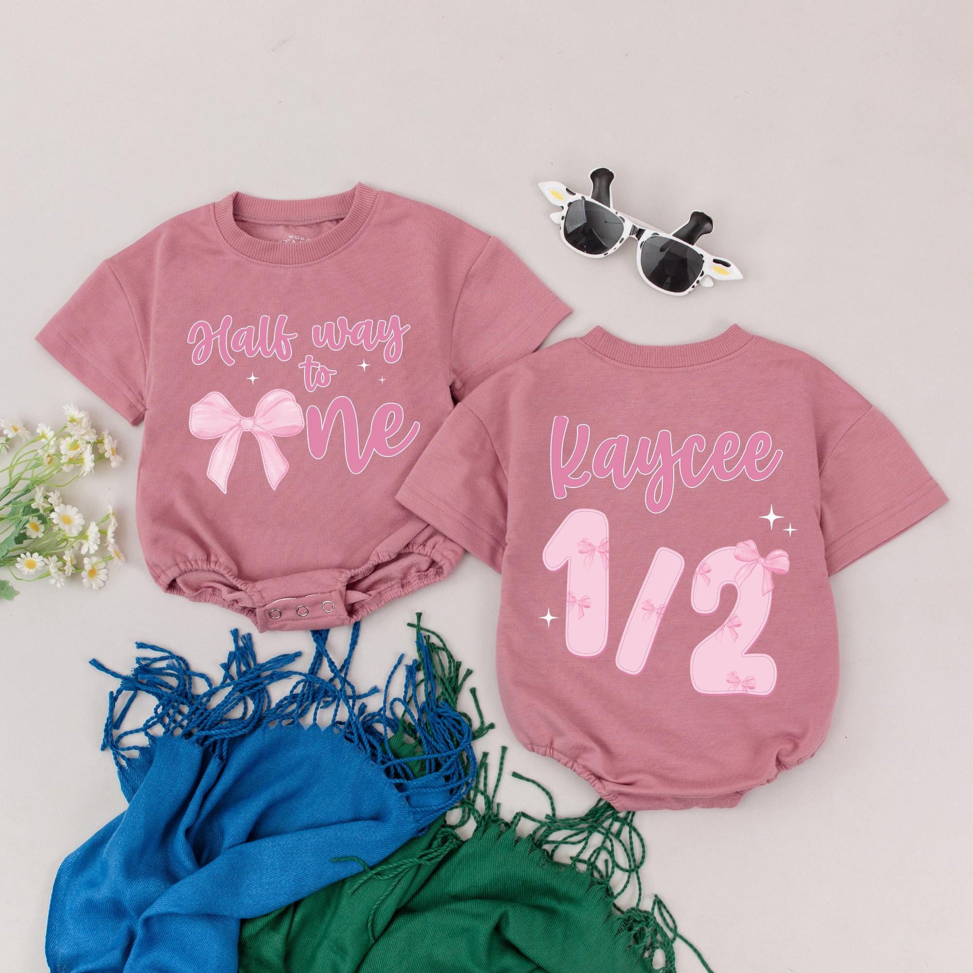 Personalized Half Birthday Girl Romper with Pink Bow, 6 Month Outfit, Custom Baby Clothes, First Birthday Gift