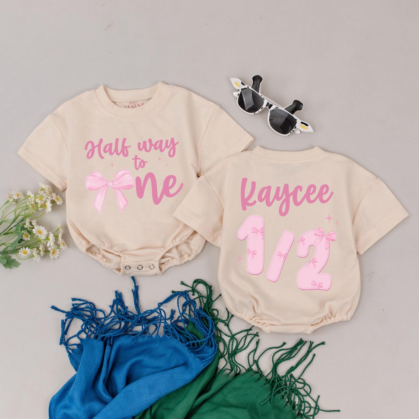 Personalized Half Birthday Girl Romper with Pink Bow, 6 Month Outfit, Custom Baby Clothes, First Birthday Gift