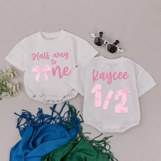 Personalized Half Birthday Girl Romper with Pink Bow, 6 Month Outfit, Custom Baby Clothes, First Birthday Gift