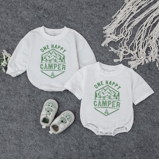One Happy Camper Baby Romper First Birthday Outfit Cute Camping Design Mountain Tent Campfire Green Hexagon Triangle Modern Graphic Natural Cotton Comfortable Summer Gift Toddler