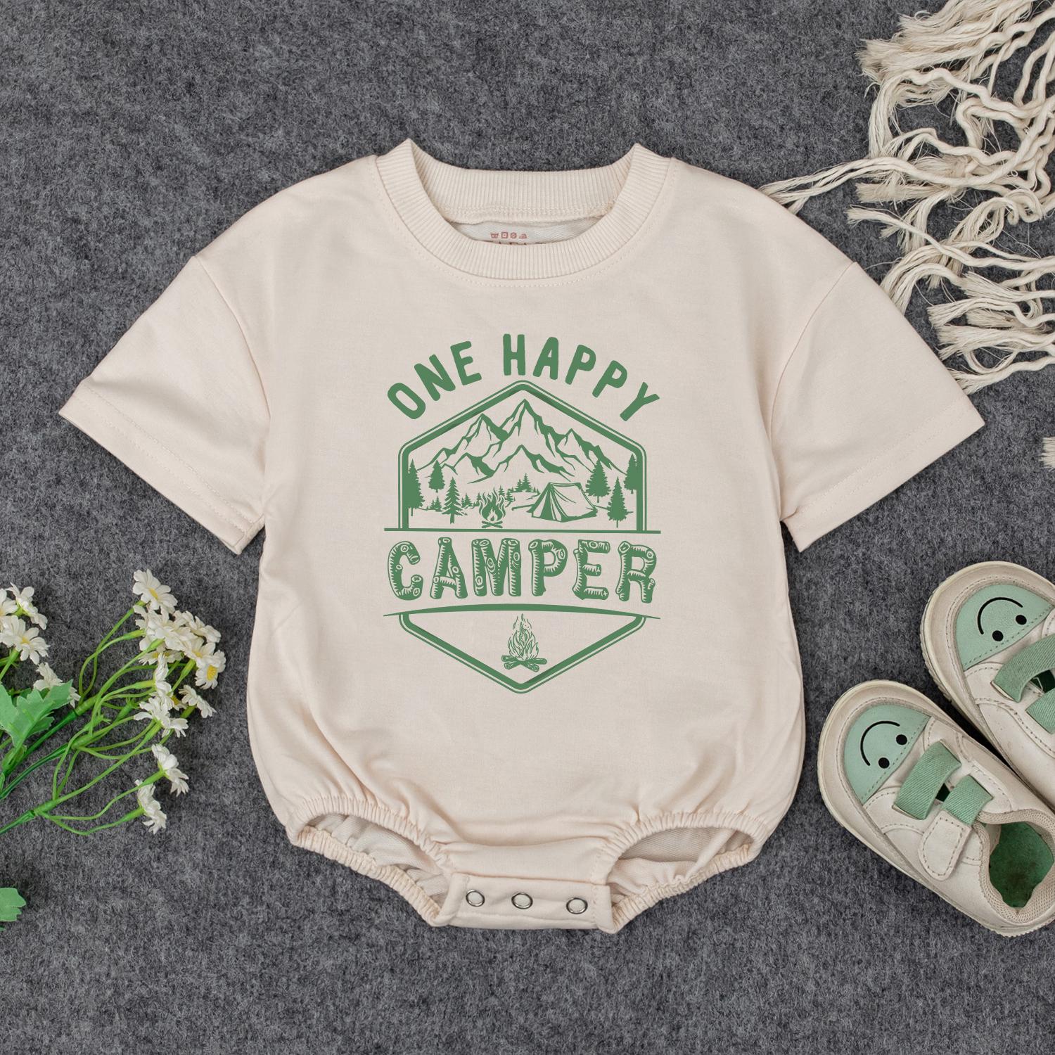 One Happy Camper Baby Romper First Birthday Outfit Cute Camping Design Mountain Tent Campfire Green Hexagon Triangle Modern Graphic Natural Cotton Comfortable Summer Gift Toddler