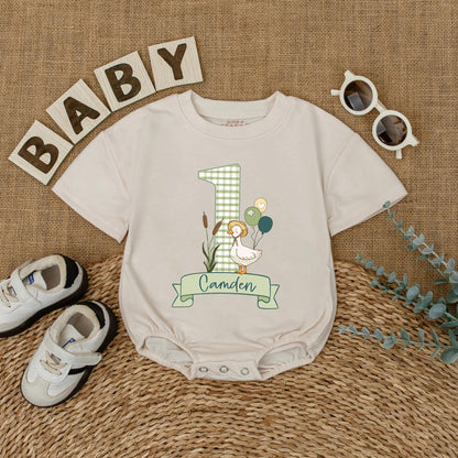 Personalized Goose First Birthday Romper for Baby Girl, Cute Goose Theme Outfit, 1st Birthday Gift, Custom Name, Baby Duck Romper, Birthday Clothes